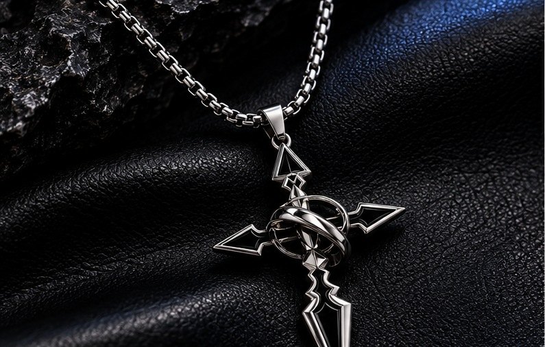 Black & Silver Sword Ring Cross Pendant Necklace