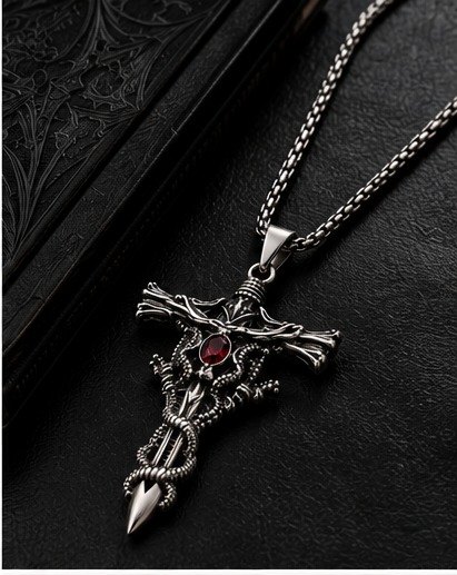 Gothic Red Gemstone Sword Cross Necklace